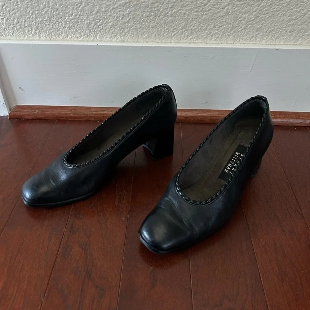 Stuart Weitzman Leather Pumps Black Acetate Trim Square-toes block heels size 7 - Picture 6 of 10